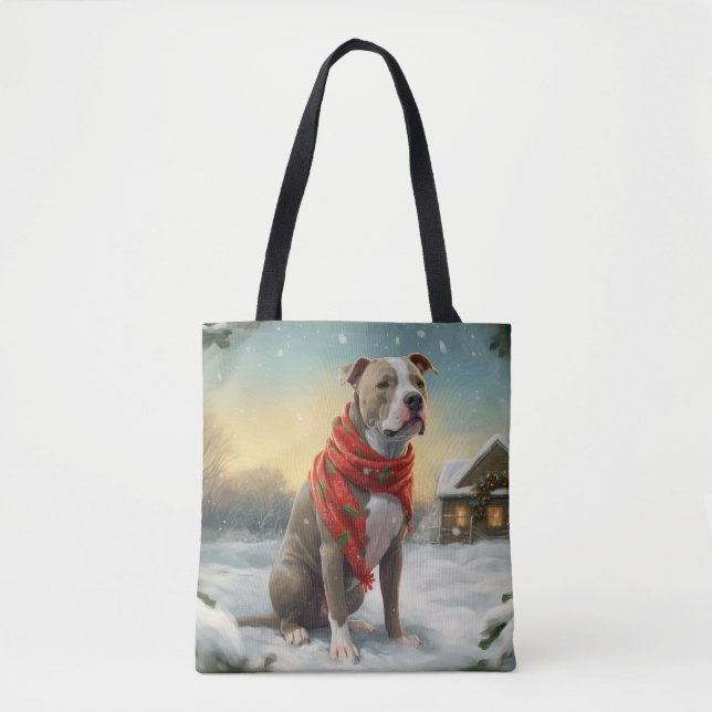 Bolso De Tela Perro Pitbull en Navidades de Nieve (Anverso)