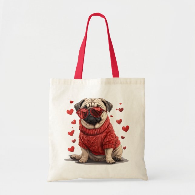 Bolso De Tela Perro Pug día de San Valentín (Frente)