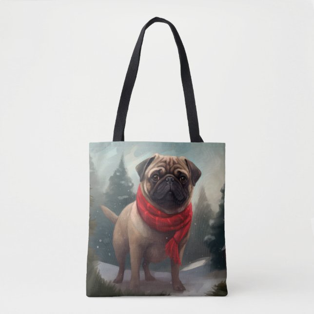 Bolso De Tela Perro Pug en Navidad con Nieve (Anverso)
