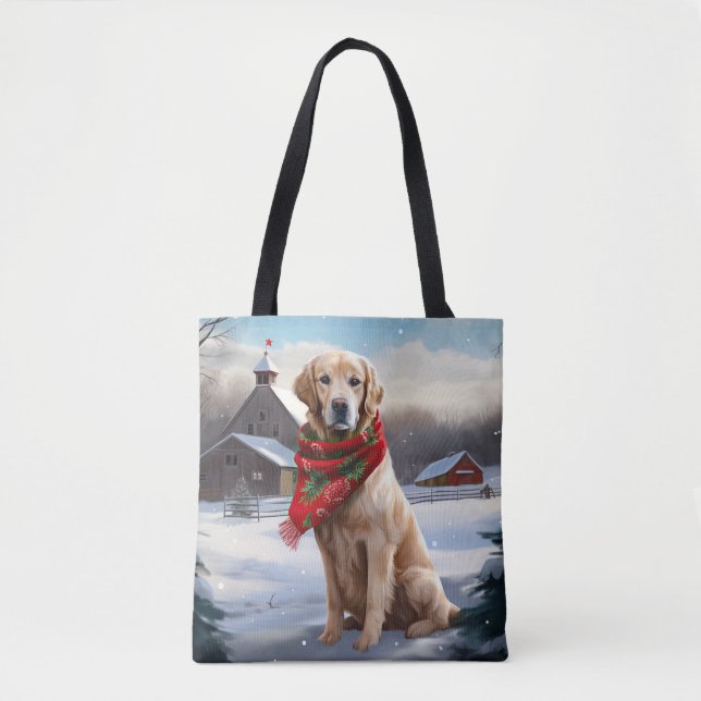 Bolso De Tela Perro recuperador de oro en Navidades de nieve (Anverso)