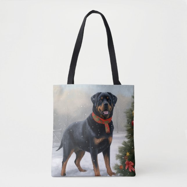Bolso De Tela Perro Rottweiler en Navidades de Nieve (Anverso)