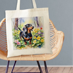 Bolso De Tela Perro Salchicha Dachshund Flores de Primavera Prim