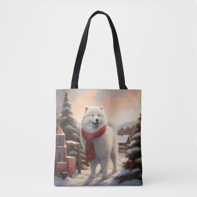 Bolso De Tela Perro samoyano en Navidades de nieve (Anverso)