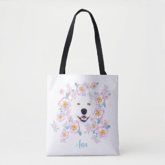 Bolso De Tela Perro Samoyed y flores rosadas, nombre personaliza