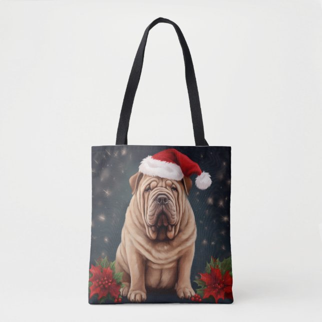 Bolso De Tela Perro Shar Pei en Navidades de nieve (Anverso)