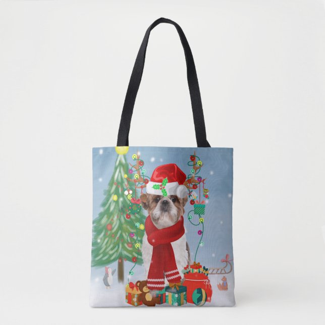 Bolso De Tela Perro Shih Tzu en Navidades de nieve (Anverso)