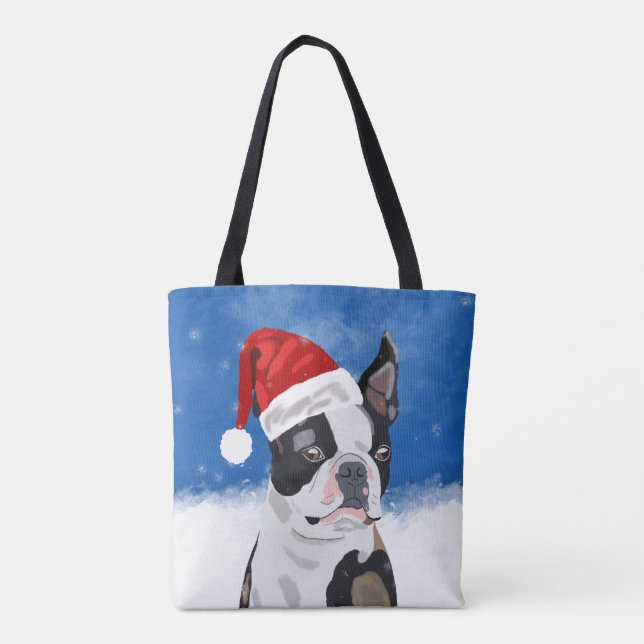 Bolso De Tela Perro terrorífico de Boston con Navidades de nieve (Reverso)