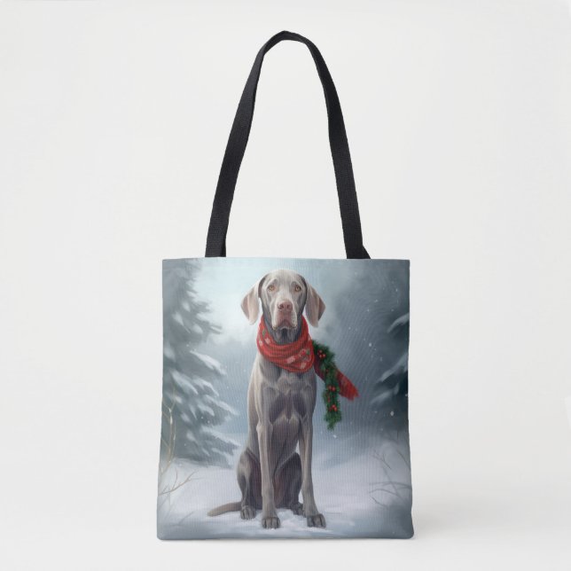 Bolso De Tela Perro Weimaraner en Navidades de nieve (Anverso)