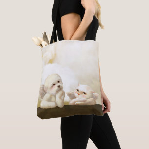 Bolso De Tela Perro y gato angélicos en la nube