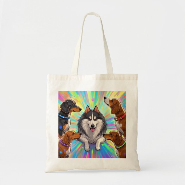 Bolso De Tela Perros Cachorros con fondo de arcoiris (Frente)