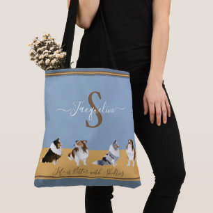 Bolso De Tela Perros de oveja de Shetland, conchas en azul y ama