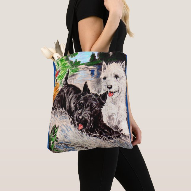 Bolso De Tela Perros escoceses Pesca blanca y negra (Detalle)