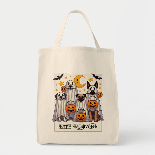 Bolso De Tela Perros felices de Halloween con disfraces fantasma (Frente)