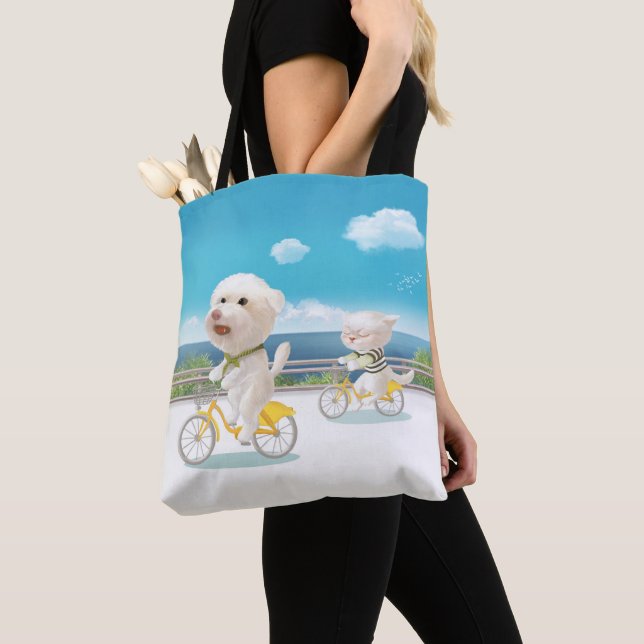 Bolso De Tela Perros y gatos en bicicleta junto al mar (Detalle)