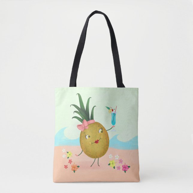 Bolso De Tela Personaje de piña en la playa (Anverso)