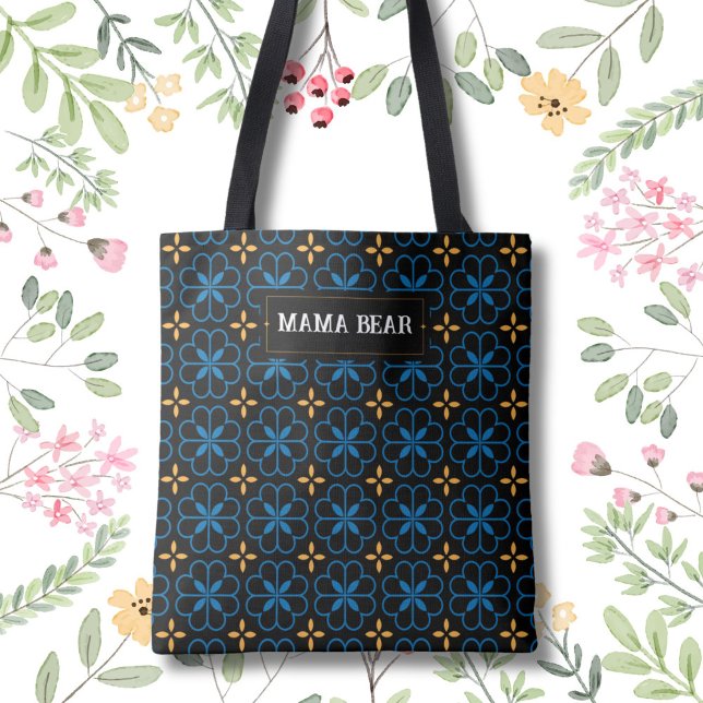 Bolso De Tela Personalizable Mama Bear Patrón Elegante Tote Bag (Custom your name or text on the elegant Mediterranean pattern tote bag.)