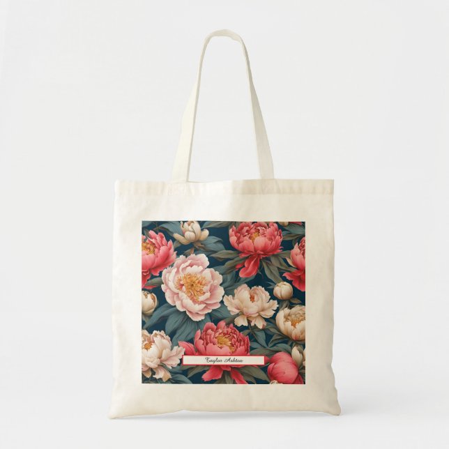 Bolso De Tela Personalizable Rosa y Peonies Blancos Oriental (Frente)