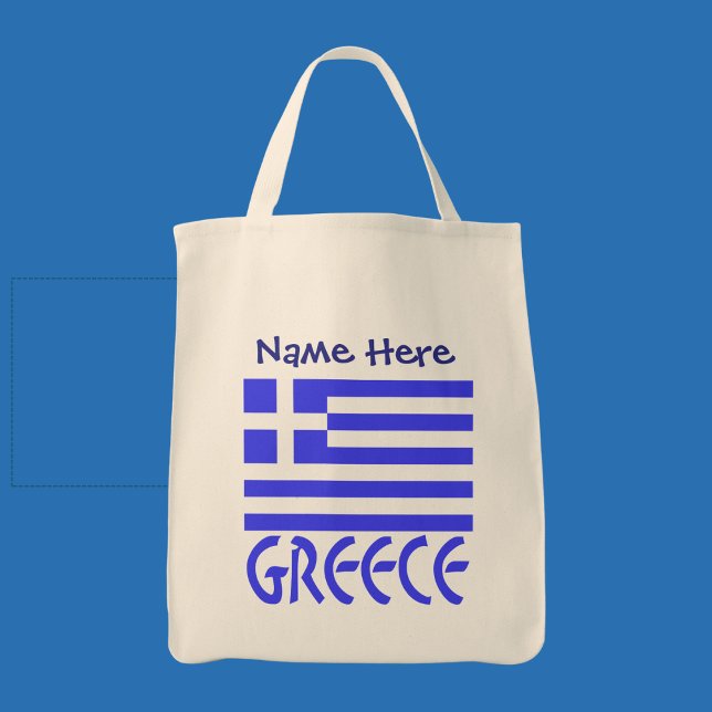 Bolso De Tela Personalización azul de la bandera griega (Personalized tote bag with Greek flag and the word GREECE below in blue letters. Add a name above.)