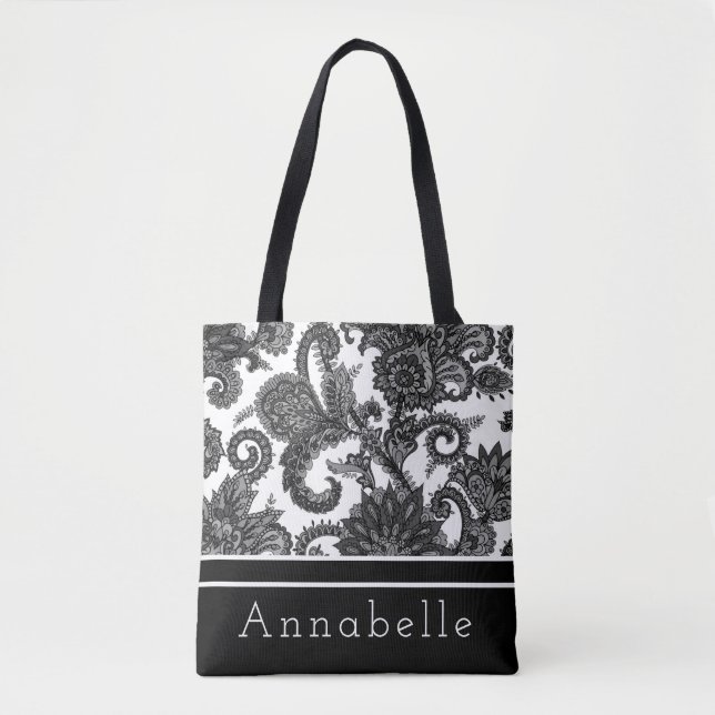 Bolso De Tela Personalización de los paisley negros y blancos (Anverso)