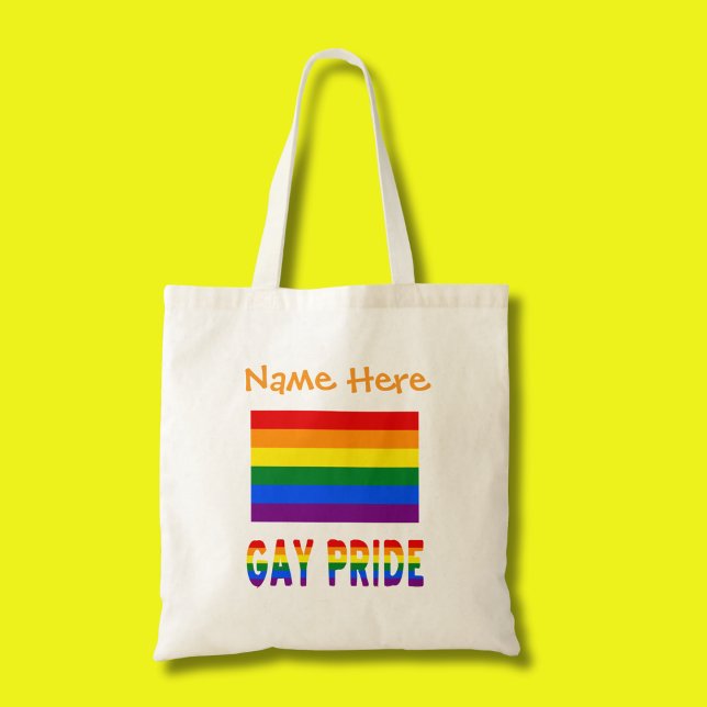 Bolso De Tela Personalización del Naranja de bandera arcoiris de (Tote bag has the Gay Pride Rainbow Flag with words below, GAY PRIDE. Add a name above.)