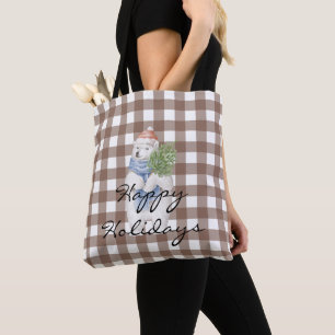 Bolso De Tela Personalizado adorable diseño tartán marrón l oso