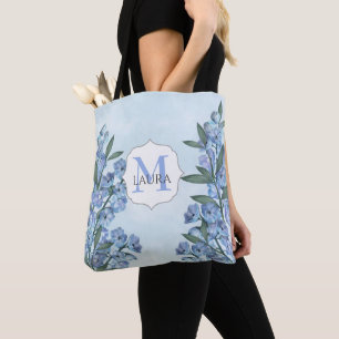 Bolso De Tela Personalizado Azul Monograma Floral Botánico Elega