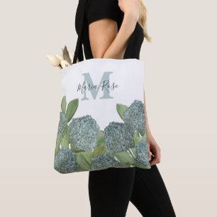 Bolso De Tela Personalizado azul Monograma Hidrangea Floral Botá