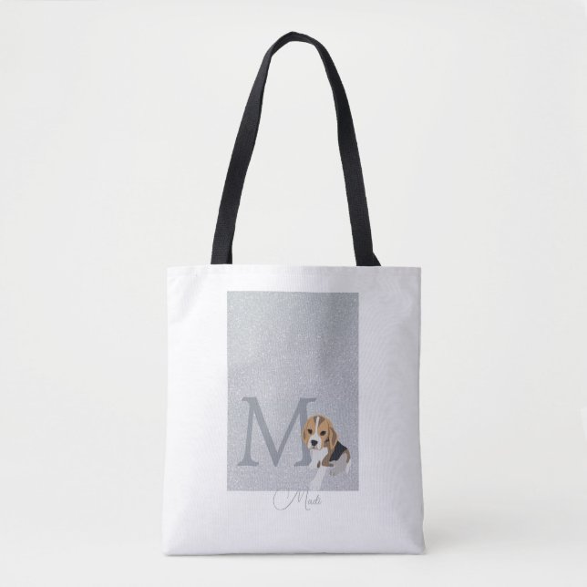Bolso De Tela Personalizado Beagle Dog Lover Purpurina Plata Mon (Anverso)