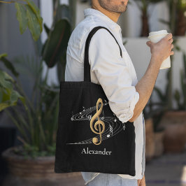 Bolso De Tela Personalizado Black Gold Music Treble Clef