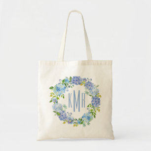 Bolso De Tela Personalizado Blue Floral hidrangea Monograma Tote
