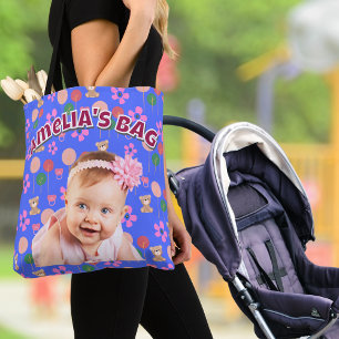 Bolso De Tela Personalizado Blue Purple Baby Photo con Teddy Bea
