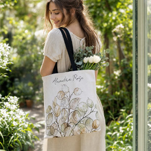 Bolso De Tela Personalizado Boho Lunaria Acuarela Botánico Flora