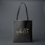 Bolso De Tela Personalizado Bridesmaid Gold Script Name Black<br><div class="desc">Una bolsa negra moderna de moda con un nombre de guión dorado y corazón perfecto para una dama de honor. Las damas de honor pueden llenar su tote con lo esencial para los viajes de la Bachelorette Party,  o para los elementos esenciales para traer la mañana del boda.</div>