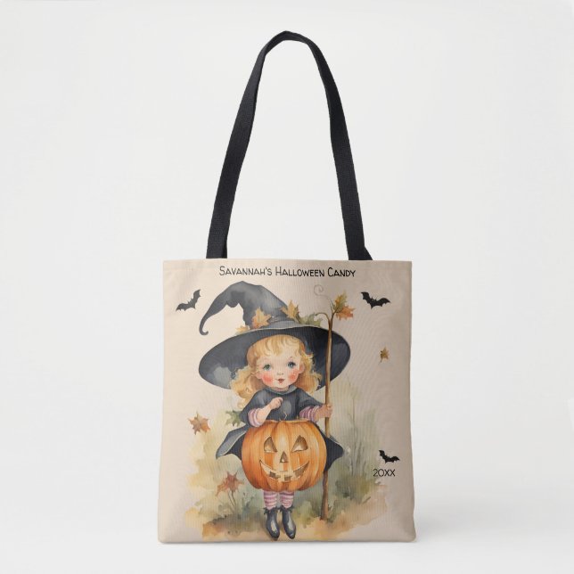 Bolso De Tela Personalizado Chica de brujas Halloween Candy (Anverso)