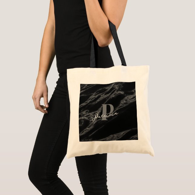 Bolso De Tela Personalizado con nombre trendy Marble Black (Anverso (producto))