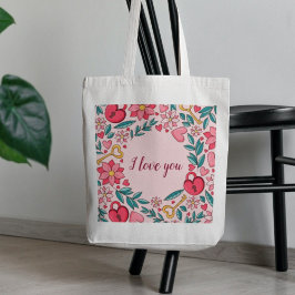 Bolso De Tela Personalizado Corazón Floral Rosa te amo Día de la
