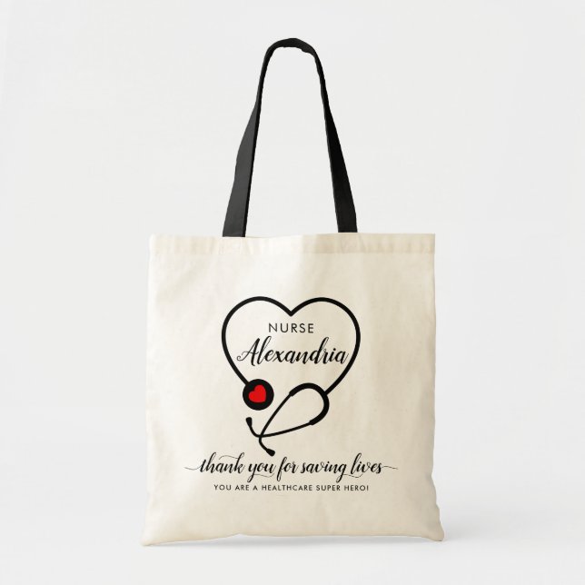 Bolso De Tela Personalizado Corazón Stethoscope Hero Nombre Enfe (Frente)