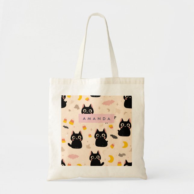 Bolso De Tela Personalizado Cosy Fall Halloween lindo gato negro (Frente)