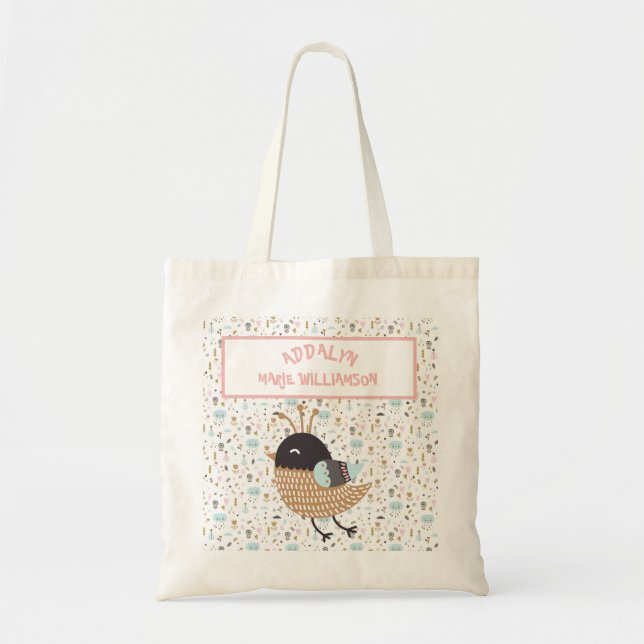 Bolso De Tela Personalizado Cuidadoso Pájaro Pequeño Rosa Azul (Frente)