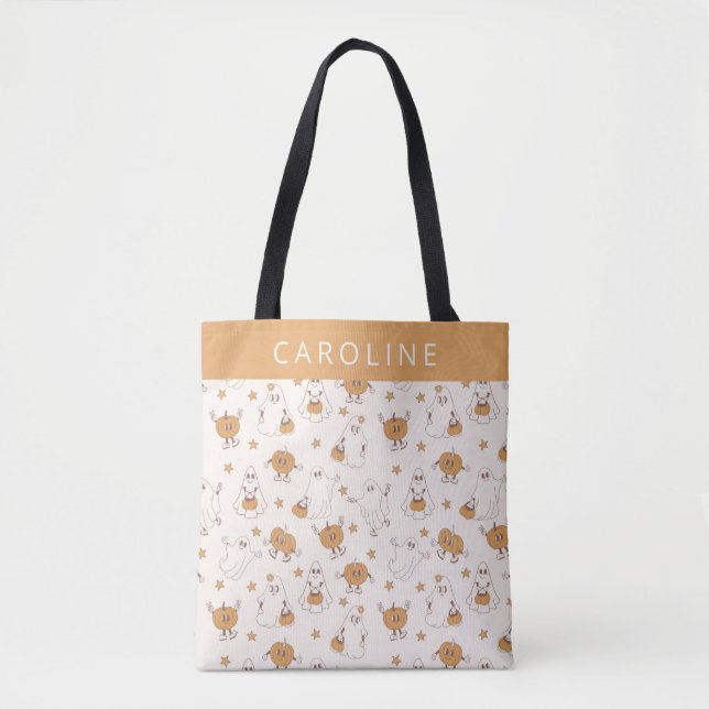 Bolso De Tela Personalizado Cute Groovy Retro Fantasma Halloween (Anverso)