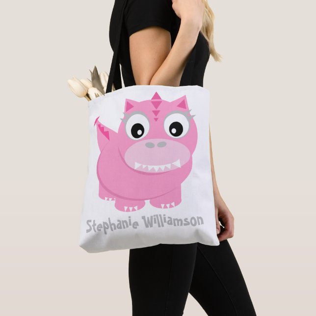 Bolso De Tela Personalizado Cute Pink Dino Kawaii (Detalle)