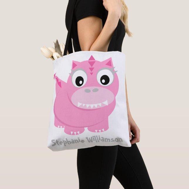 Bolso De Tela Personalizado Cute Pink Dino Kawaii (Detalle)