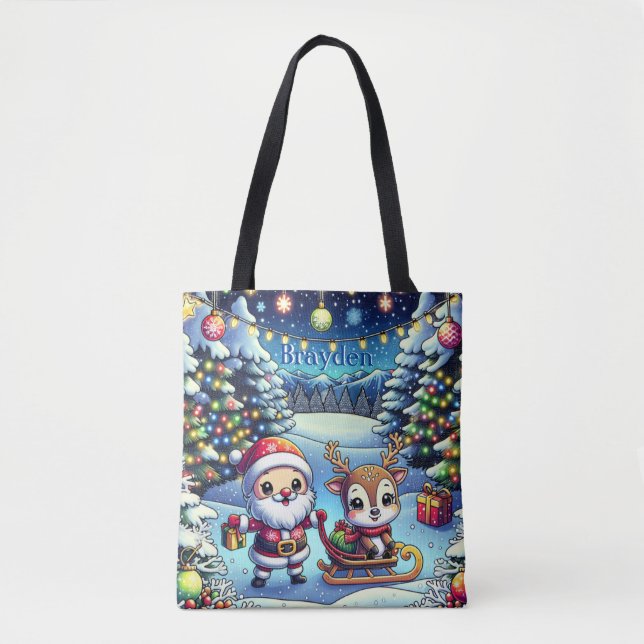 Bolso De Tela Personalizado Cute Santa y Navidades de renos (Anverso)