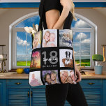 Bolso De Tela personalizado de 18 años chica de collage de fotos<br><div class="desc">Un regalo único para un chica que cumple 18 años, celebrando su vida con un collage de 8 fotos, fotos. Personaliza y agrega su nombre, edad 18 y fecha. Un fondo negro de moda. Letras y números grises y blancos. El nombre está escrito con una escritura de estilo con letras...</div>