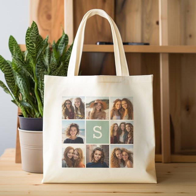 Bolso De Tela Personalizado de collage de fotos Monograma Mint V (Personalized tote bag with photos and monogram)