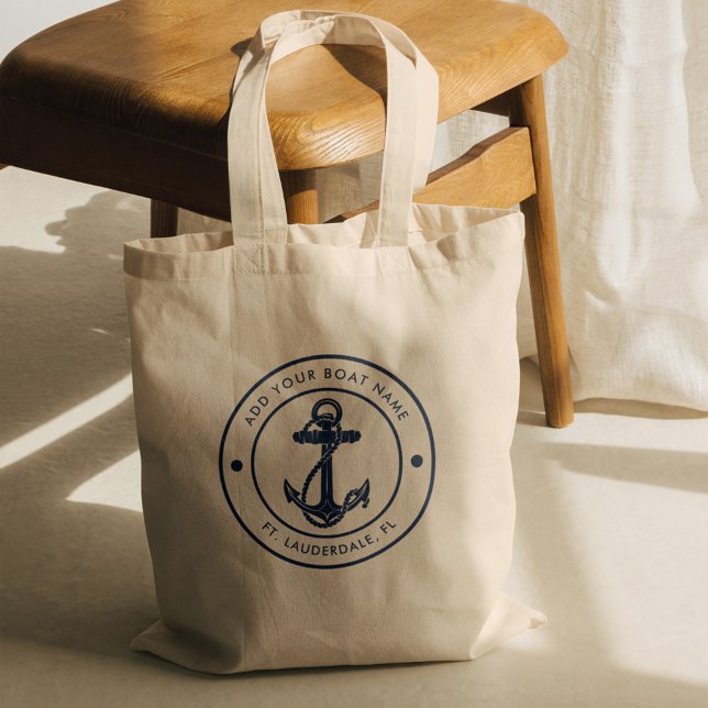 Bolso De Tela Personalizado de crucero con nombre de barco de la (Nautical Anchor Captain Sailor Navy Blue Boating Tote Bag)
