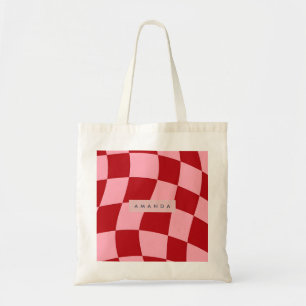 Bolso De Tela Personalizado de cuadros rojos y rosados ondulados