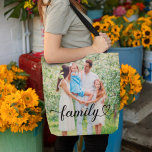 Bolso De Tela Personalizado de escritura negra de amor familiar<br><div class="desc">El moderno y elegante bolso de personalizado tote cuenta con una o varias fotos favoritas en el frente y en la parte posterior con un mínimo diseño de superposición de tipografía "familiar" que incluye detalles elegantes de flor y corazón. Se puede modificar el color del texto negro. El diseño de...</div>