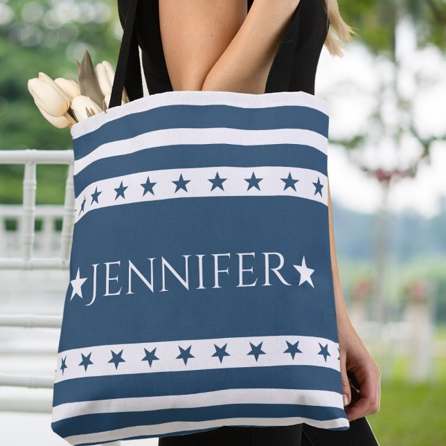 Bolso De Tela Personalizado de Estrellas Patrióticas Azules y Bl (Blue and White Patriotic Stars and Stripes Custom Tote Bag - Just add your name or special text!)