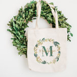 Bolso De Tela Personalizado de flor de oro verde Monograma<br><div class="desc">El elegante diseño de la bolsa de tote de inspiración personalizado presenta una hermosa cortina de color agua con flores y follaje verde neutro, dorado y color crema. Personalice con el nombre del monograma personalizado y el inicial. Hace un gran regalo para sus damas de honor y otros miembros de...</div>